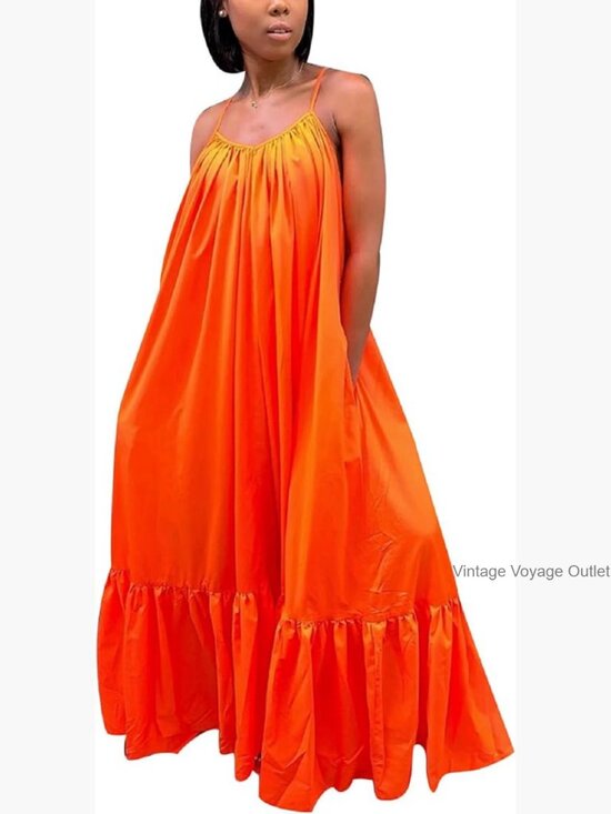 Dresses & Skirts - Sleeveless Ruched Ruffle Hem Maxi Swing Dress with Pockets
